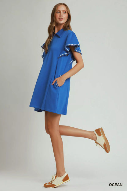 Umgee Half Zip Ruffle Rib Band Butterfy Sleeve Mini Dress with Pockets - Bitsy Gypsy Boutique