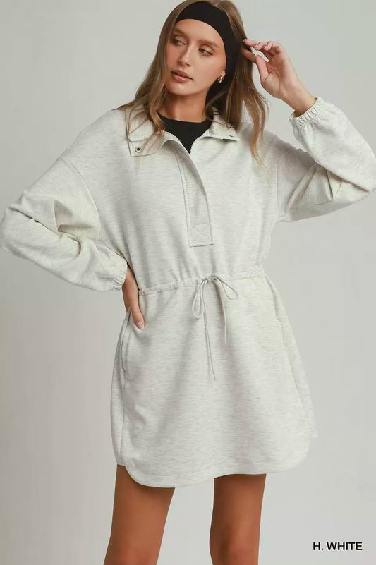 Umgee Half Zip - Up Drawstring Waist Dress - Bitsy Gypsy Boutique