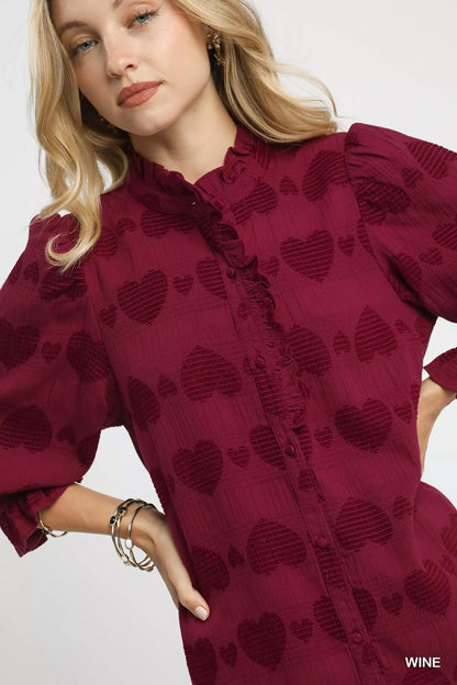 Umgee Heart Jacquard Ruffle Trim Shirt - Bitsy Gypsy Boutique