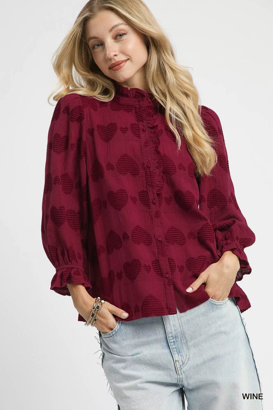 Umgee Heart Jacquard Ruffle Trim Shirt - Bitsy Gypsy Boutique
