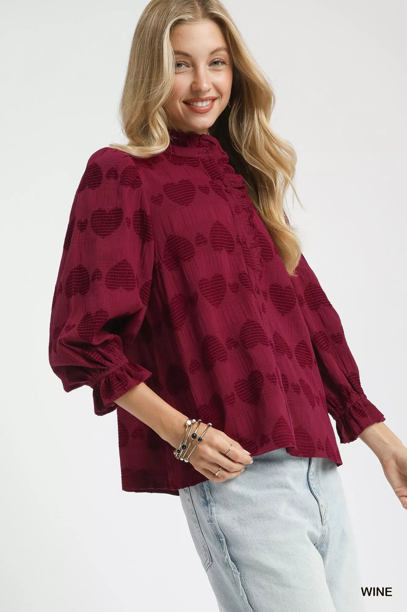 Umgee Heart Jacquard Ruffle Trim Shirt - Bitsy Gypsy Boutique