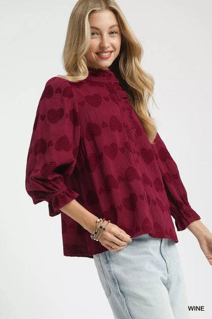 Umgee Heart Jacquard Ruffle Trim Shirt - Bitsy Gypsy Boutique