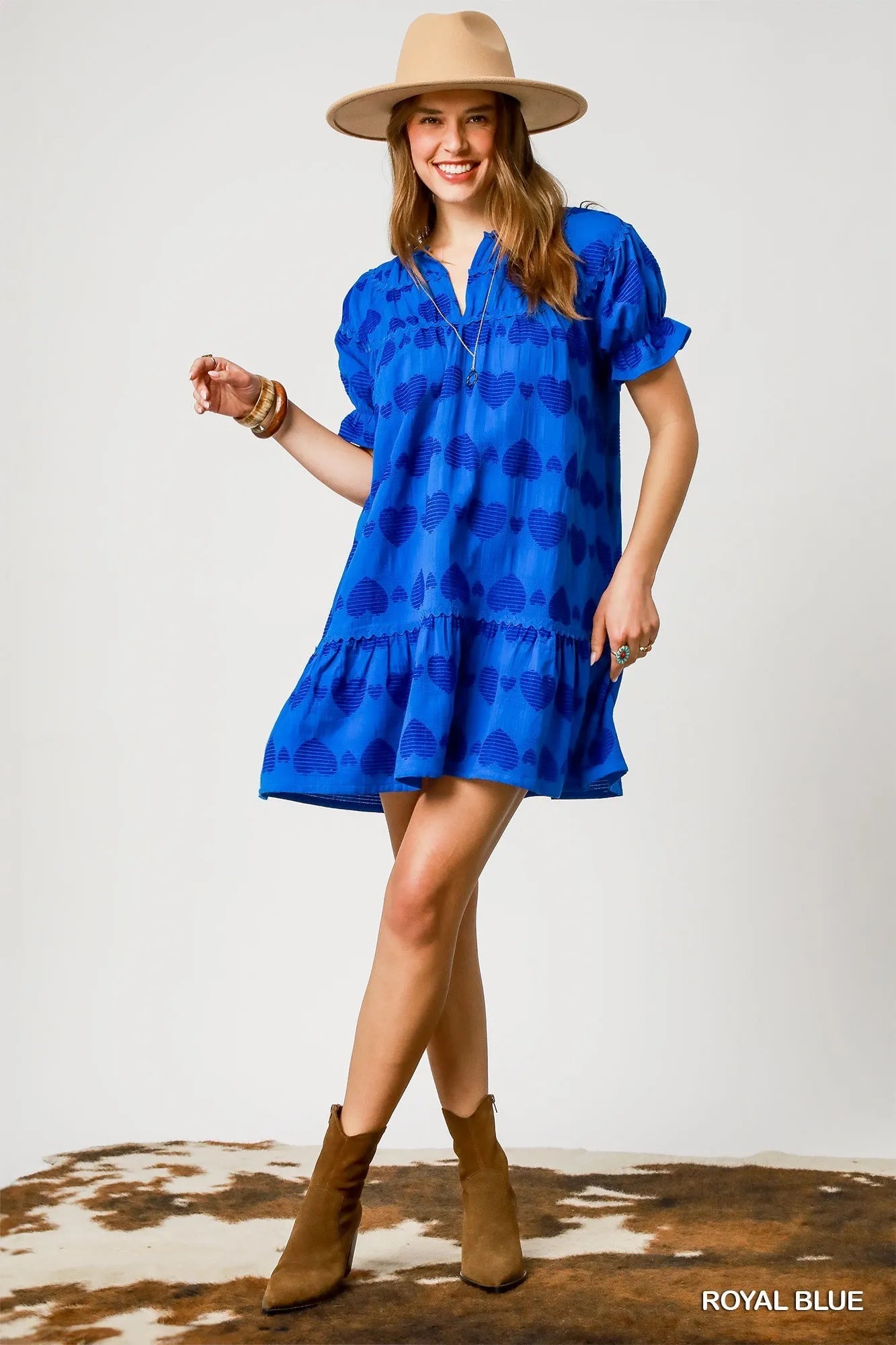Umgee Heart Pattern Short Sleeve Ruffle Babydoll Dress - Bitsy Gypsy Boutique