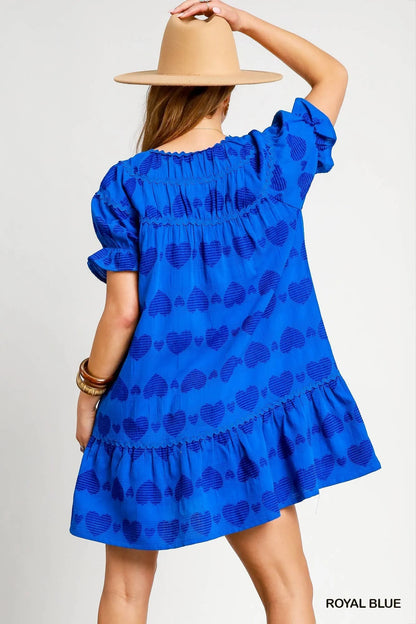 Umgee Heart Pattern Short Sleeve Ruffle Babydoll Dress - Bitsy Gypsy Boutique