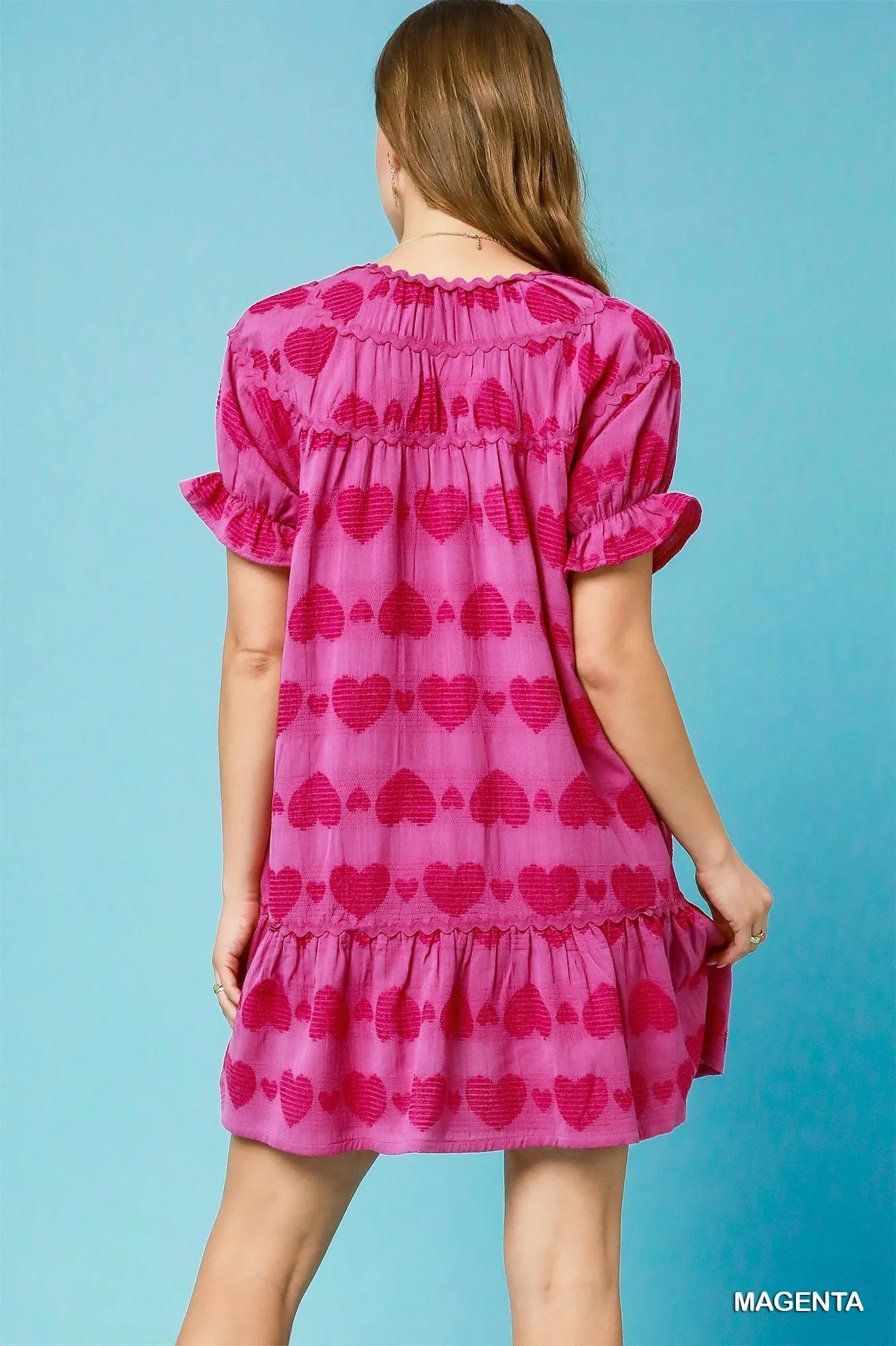 Umgee Heart Pattern Short Sleeve Ruffle Babydoll Dress - Bitsy Gypsy Boutique