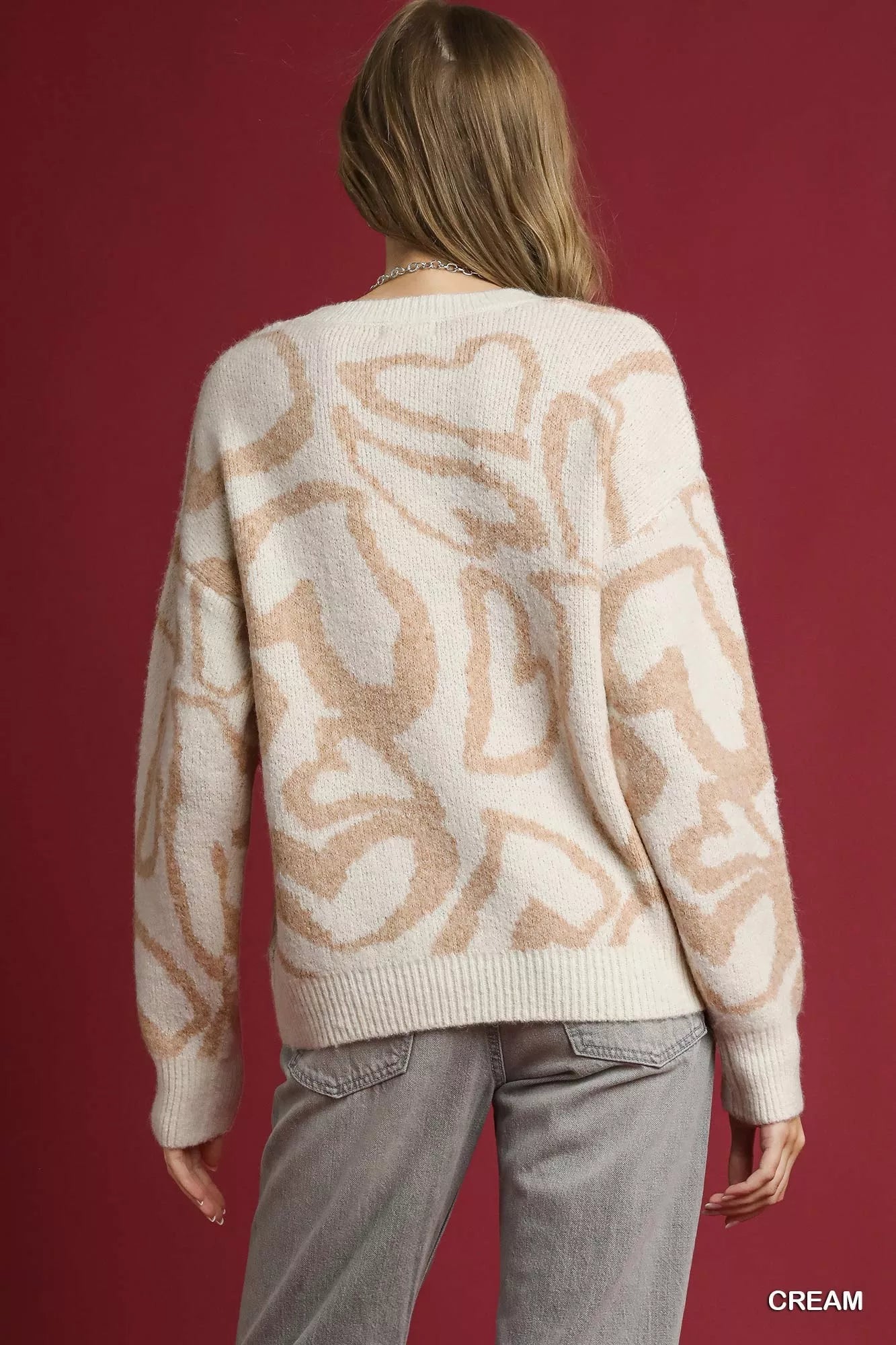 Umgee Heart Print Crew Neck Sweater - Bitsy Gypsy Boutique