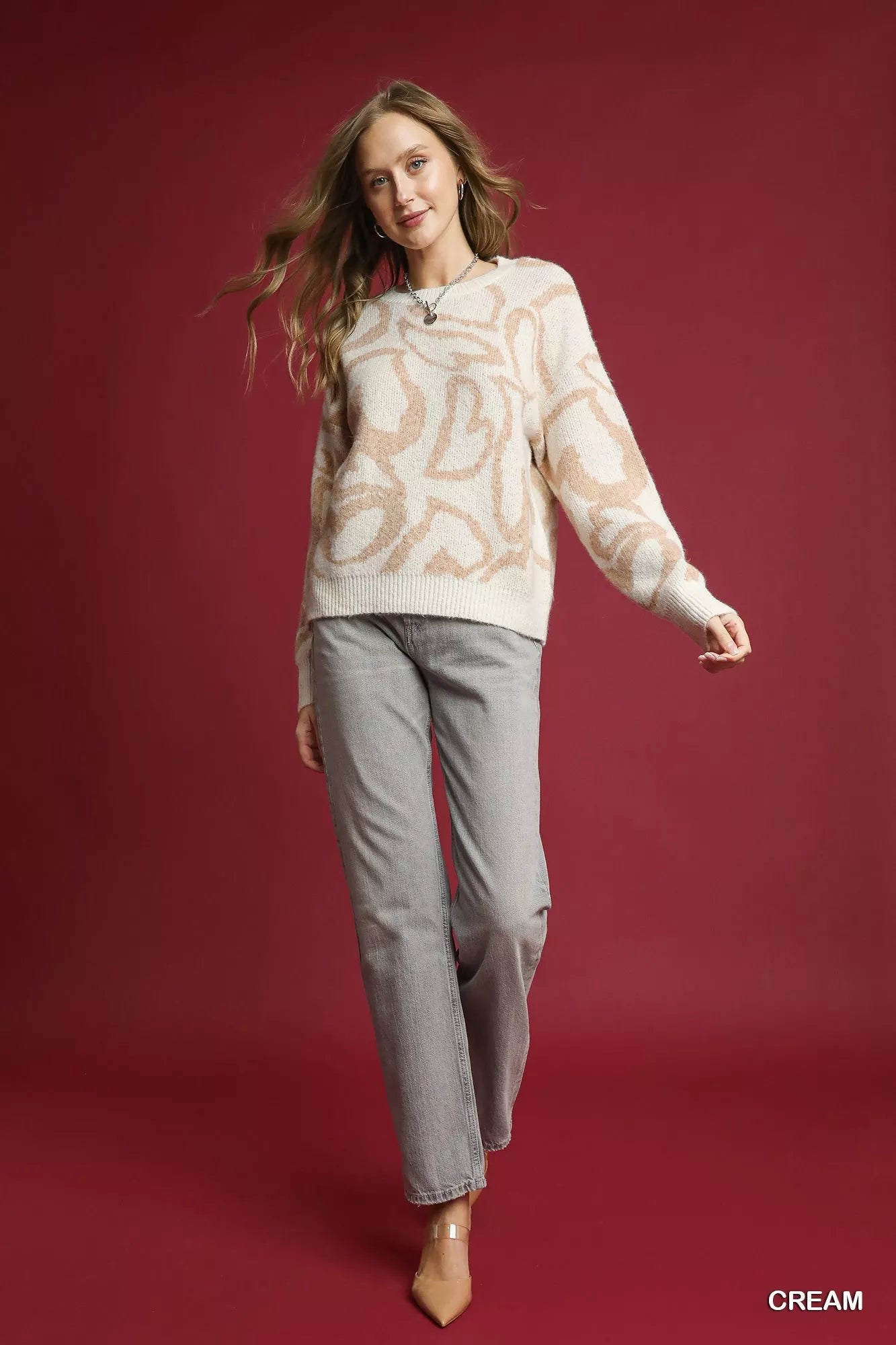 Umgee Heart Print Crew Neck Sweater - Bitsy Gypsy Boutique