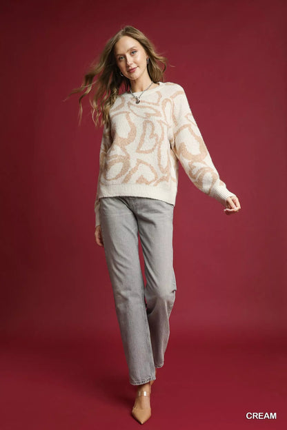 Umgee Heart Print Crew Neck Sweater - Bitsy Gypsy Boutique