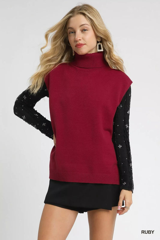 Umgee High - Low Turtleneck Sleeveless Sweater Top - Bitsy Gypsy Boutique