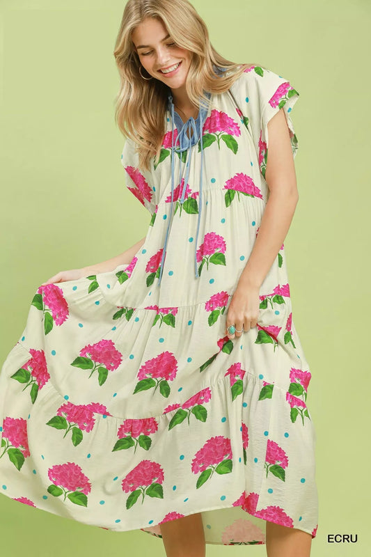 Umgee Hydrangea Print Tiered Midi Dress - Bitsy Gypsy Boutique