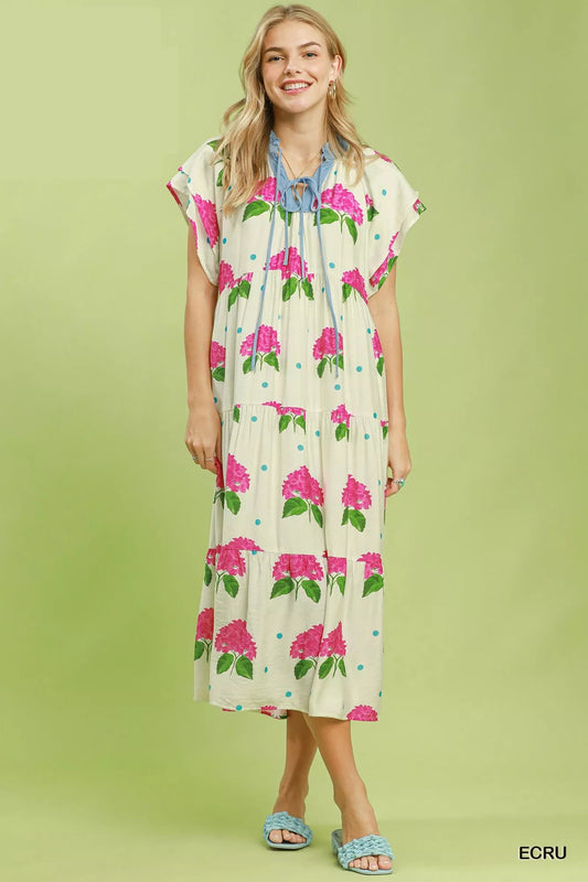 Umgee Hydrangea Print Tiered Midi Dress - Bitsy Gypsy Boutique
