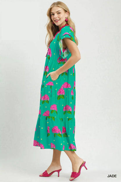Umgee Hydrangea Print Tiered Midi Dress - Bitsy Gypsy Boutique