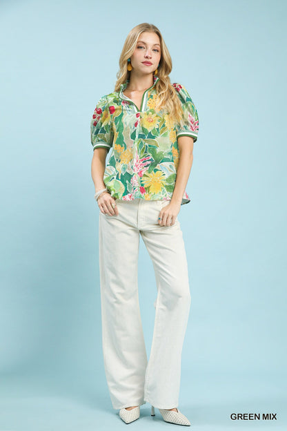Umgee Jacquard Bloomscape Print Top - Bitsy Gypsy Boutique