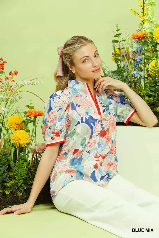 Umgee Jacquard Bloomscape Print Top - Bitsy Gypsy Boutique