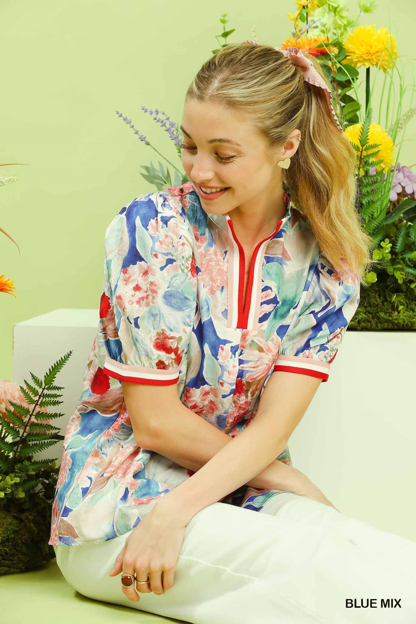 Umgee Jacquard Bloomscape Print Top - Bitsy Gypsy Boutique