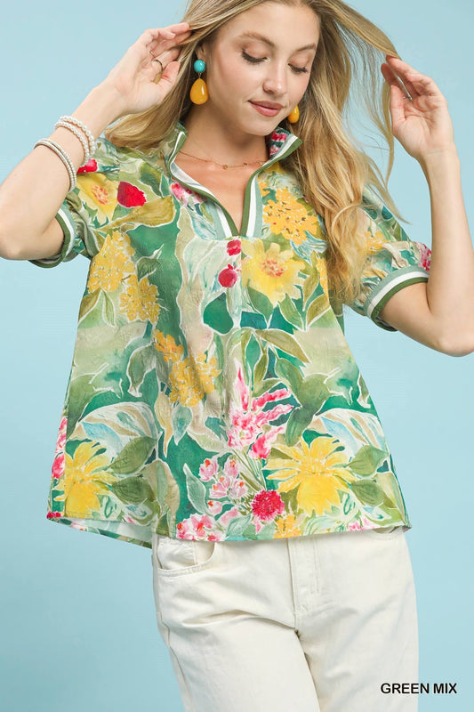 Umgee Jacquard Bloomscape Print Top - Bitsy Gypsy Boutique
