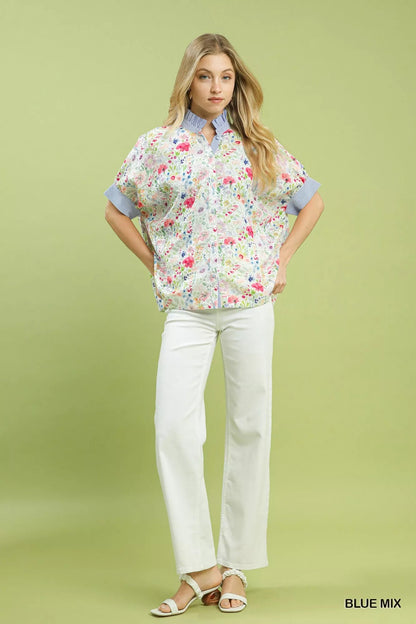 Umgee Jacquard Floral Print Button - Down Shirt - Bitsy Gypsy Boutique