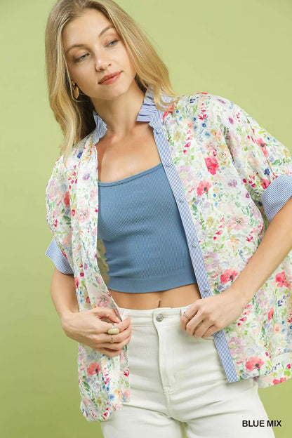 Umgee Jacquard Floral Print Button - Down Shirt - Bitsy Gypsy Boutique
