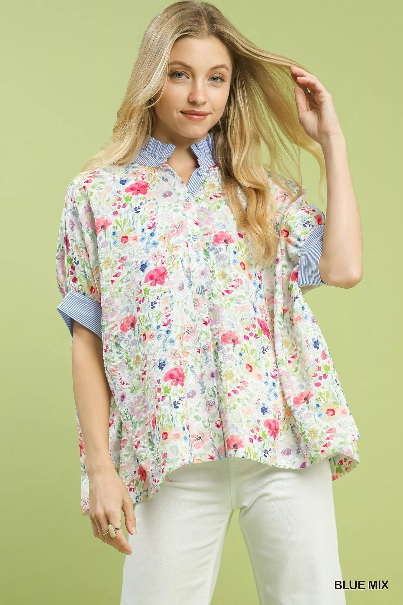 Umgee Jacquard Floral Print Button - Down Shirt - Bitsy Gypsy Boutique