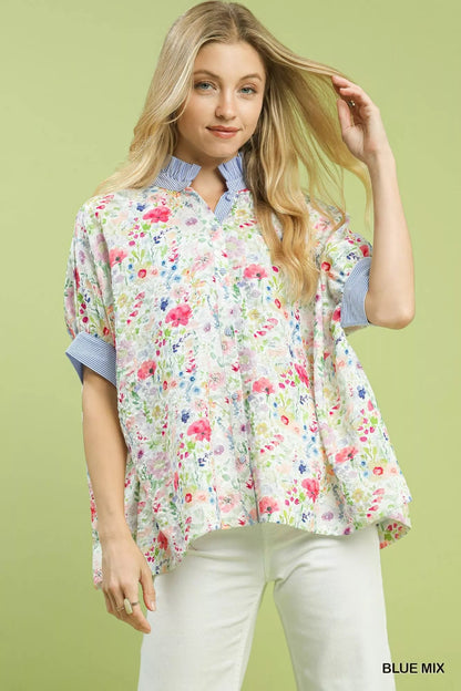 Umgee Jacquard Floral Print Button - Down Shirt - Bitsy Gypsy Boutique