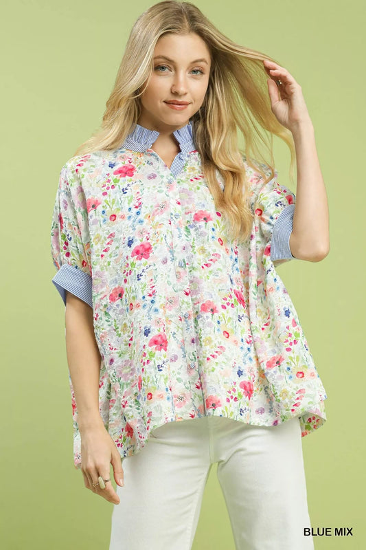 Umgee Jacquard Floral Print Button - Down Shirt - Bitsy Gypsy Boutique