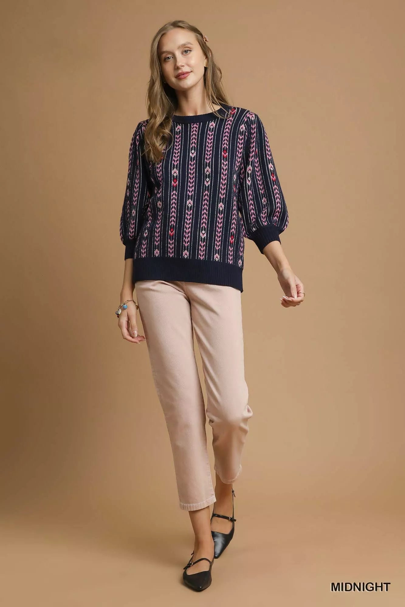 Umgee Jacquard Knit Puff Sleeve Sweater - Bitsy Gypsy Boutique