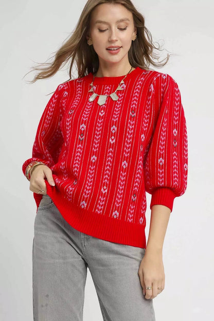 Umgee Jacquard Knit Puff Sleeve Sweater - Bitsy Gypsy Boutique