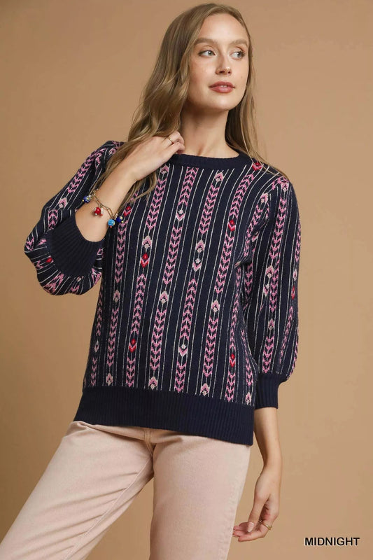 Umgee Jacquard Knit Puff Sleeve Sweater - Bitsy Gypsy Boutique