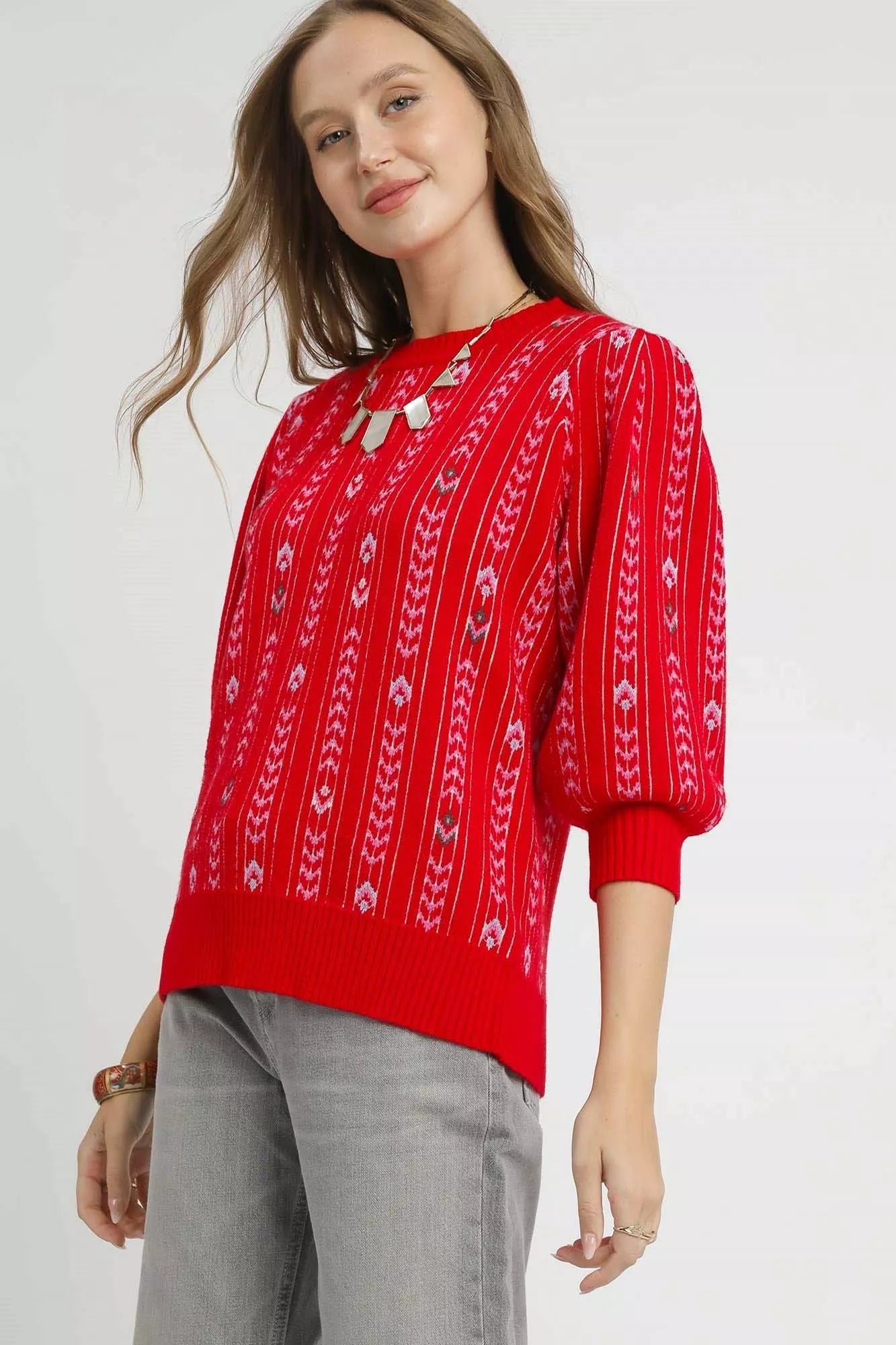 Umgee Jacquard Knit Puff Sleeve Sweater - Bitsy Gypsy Boutique