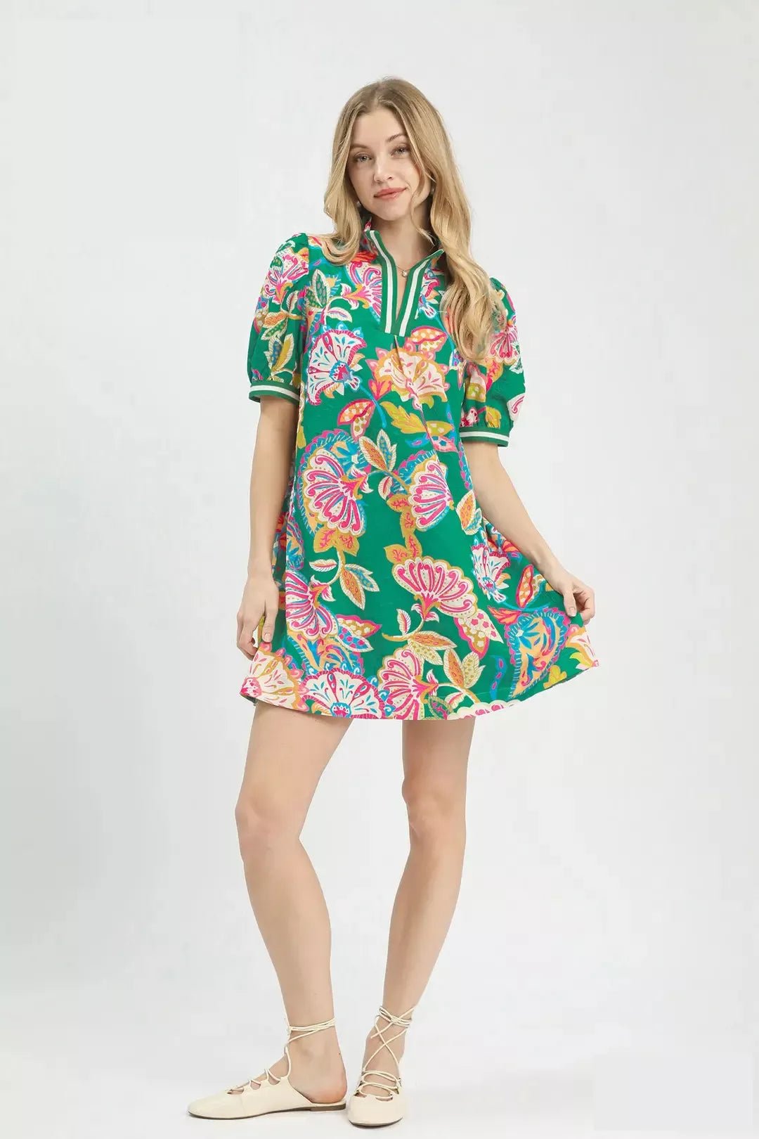 Umgee Jacquard Paisley Print Puff Sleeve Tunic Dress - Bitsy Gypsy Boutique