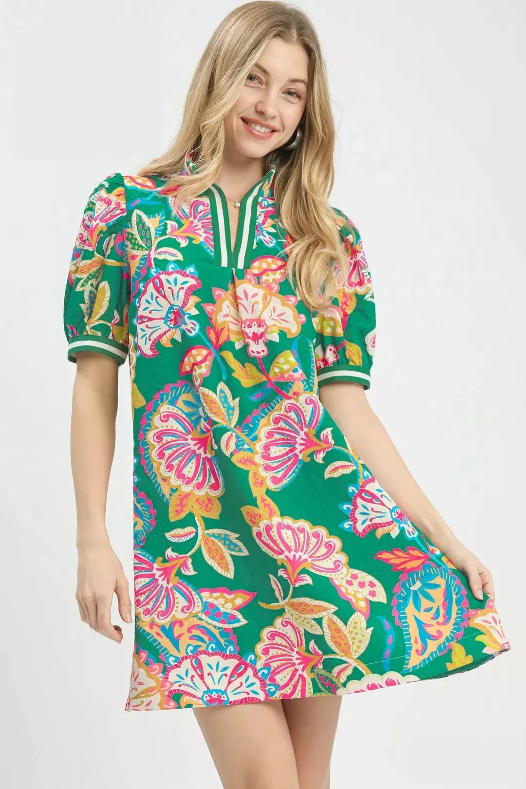 Umgee Jacquard Paisley Print Puff Sleeve Tunic Dress - Bitsy Gypsy Boutique