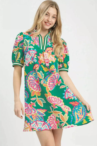 Umgee Jacquard Paisley Print Puff Sleeve Tunic Dress - Bitsy Gypsy Boutique