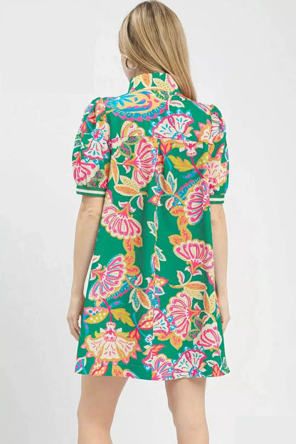 Umgee Jacquard Paisley Print Puff Sleeve Tunic Dress - Bitsy Gypsy Boutique