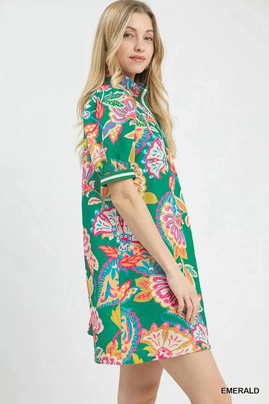 Umgee Jacquard Paisley Print Puff Sleeve Tunic Dress - Bitsy Gypsy Boutique