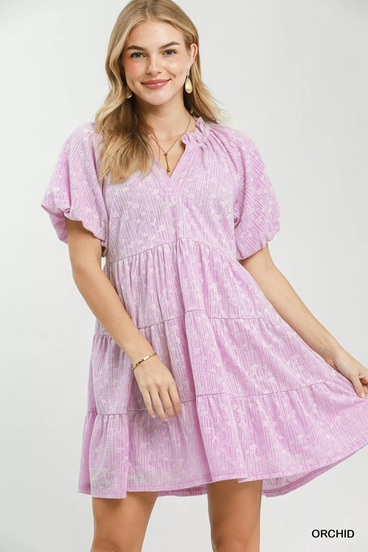 Umgee Jacquard Puff Sleeve Mini Dress - Bitsy Gypsy Boutique