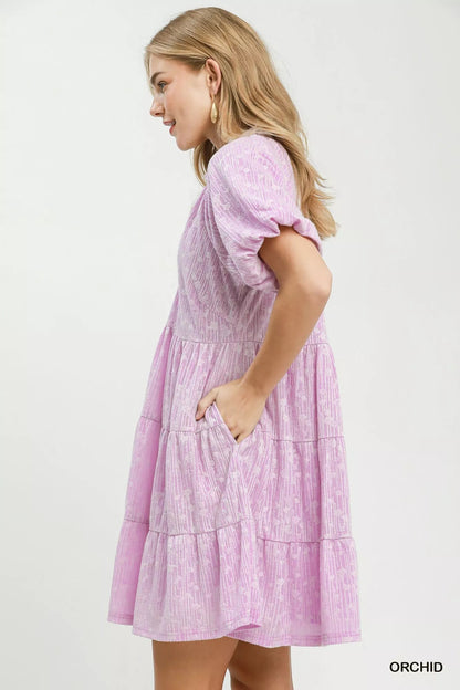 Umgee Jacquard Puff Sleeve Mini Dress - Bitsy Gypsy Boutique