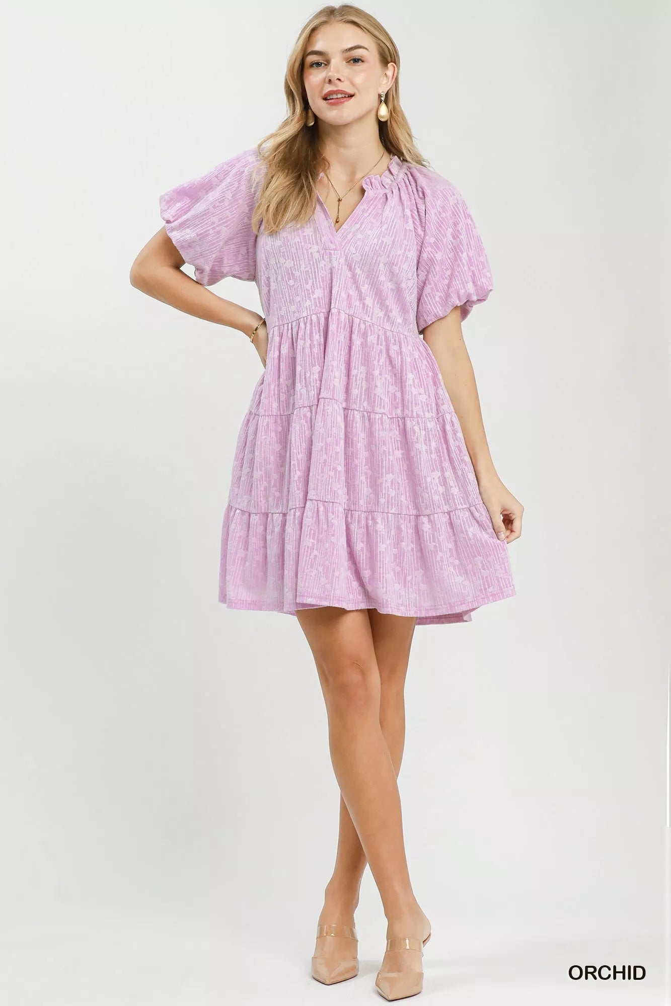 Umgee Jacquard Puff Sleeve Mini Dress - Bitsy Gypsy Boutique