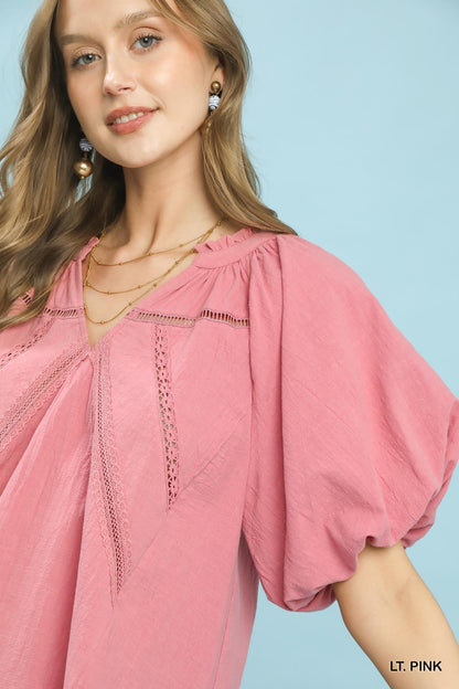 Umgee Lace Inset Puff Sleeve Boho Blouse - Bitsy Gypsy Boutique