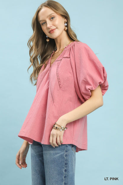 Umgee Lace Inset Puff Sleeve Boho Blouse - Bitsy Gypsy Boutique