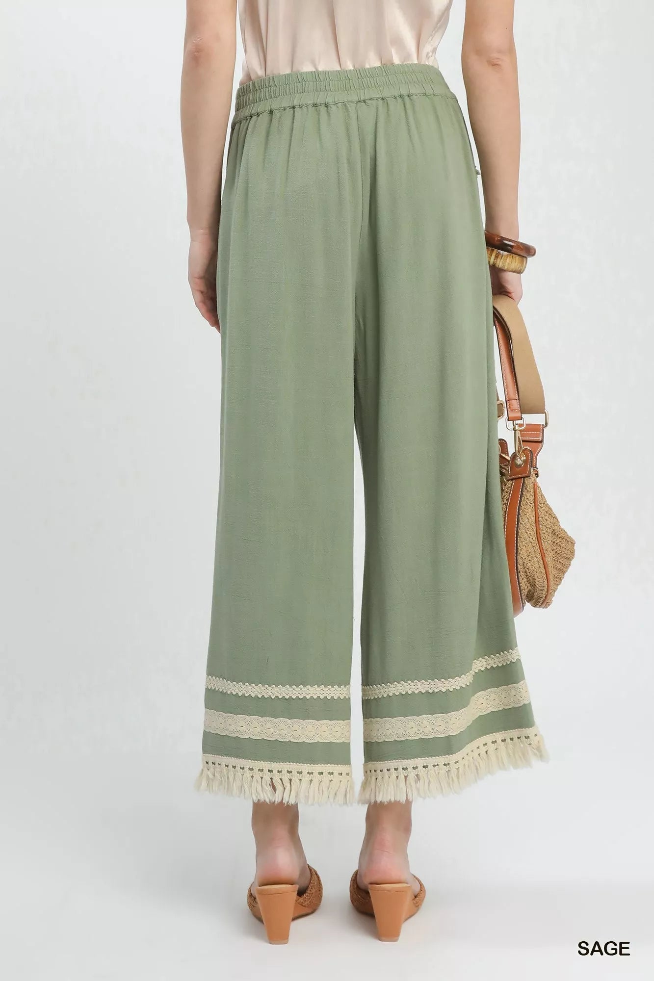 Umgee Lace Trim Fringe Hem Wide Leg Pants - Bitsy Gypsy Boutique