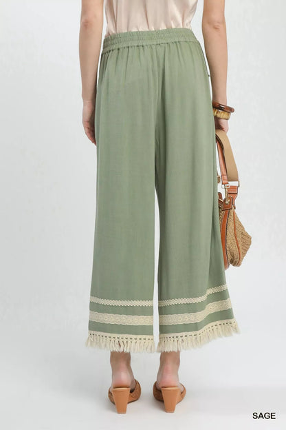 Umgee Lace Trim Fringe Hem Wide Leg Pants - Bitsy Gypsy Boutique