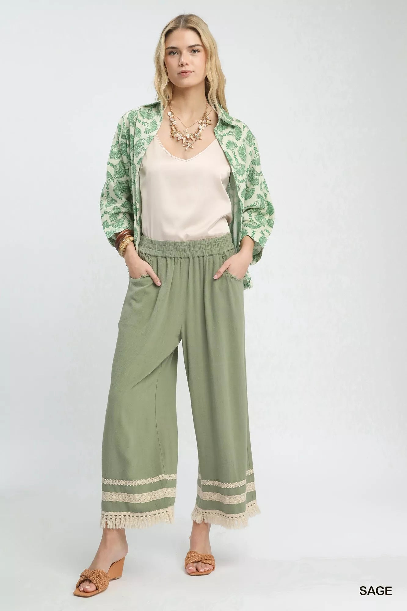 Umgee Lace Trim Fringe Hem Wide Leg Pants - Bitsy Gypsy Boutique