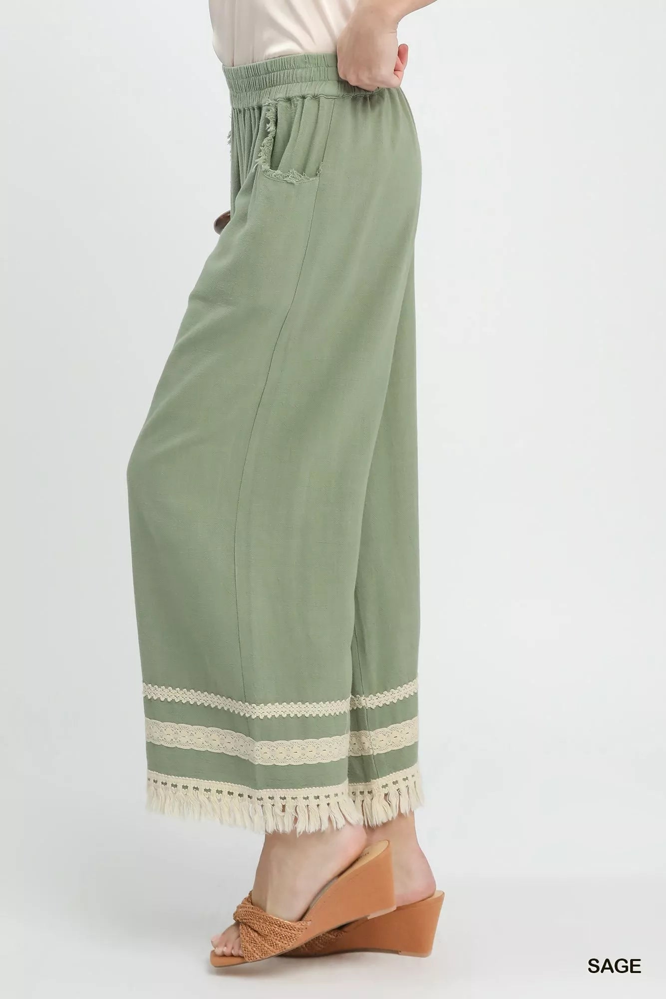 Umgee Lace Trim Fringe Hem Wide Leg Pants - Bitsy Gypsy Boutique