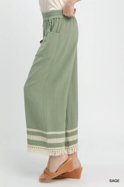 Umgee Lace Trim Fringe Hem Wide Leg Pants - Bitsy Gypsy Boutique