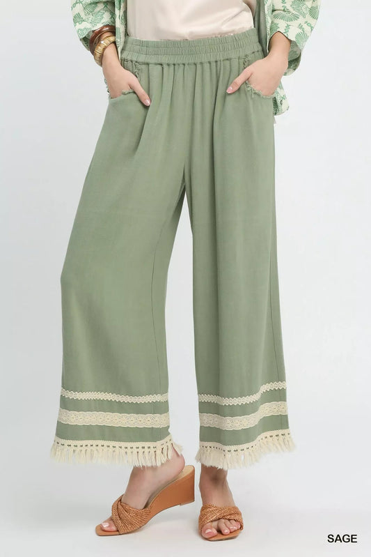 Umgee Lace Trim Fringe Hem Wide Leg Pants - Bitsy Gypsy Boutique