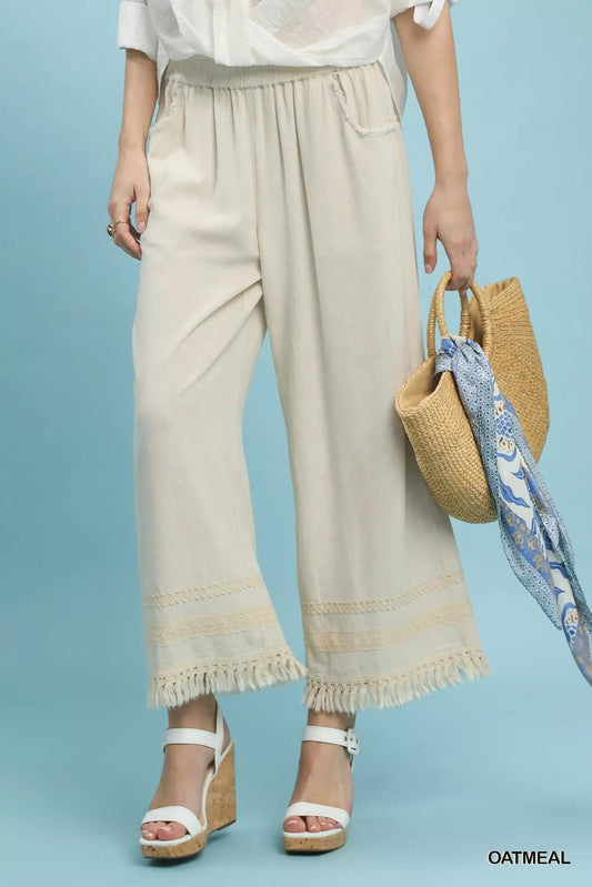 Umgee Lace Trim Fringe Hem Wide Leg Pants - Bitsy Gypsy Boutique