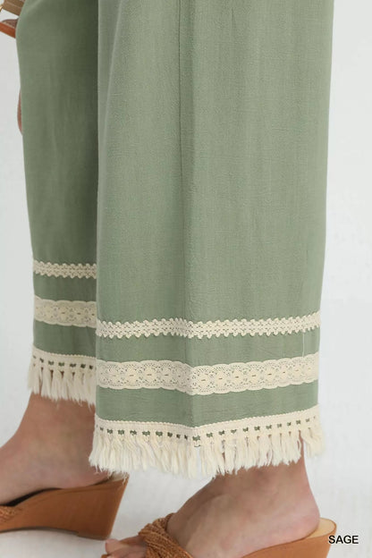 Umgee Lace Trim Fringe Hem Wide Leg Pants - Bitsy Gypsy Boutique