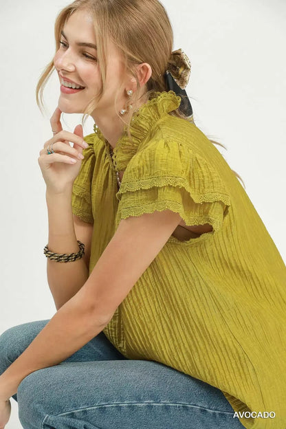 Umgee Lace Trim Ruffle Top - Bitsy Gypsy Boutique
