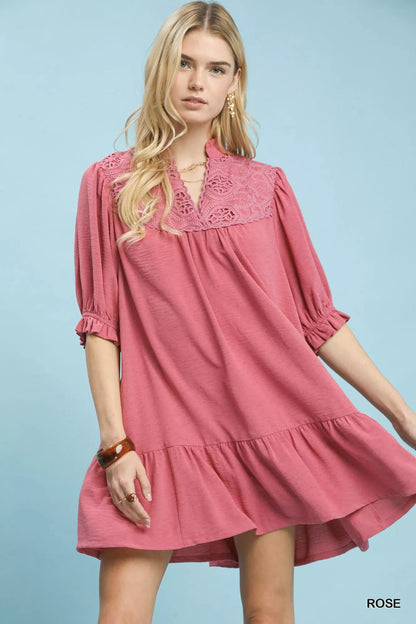 Umgee Lace Yoke Tiered Mini Dress - Bitsy Gypsy Boutique