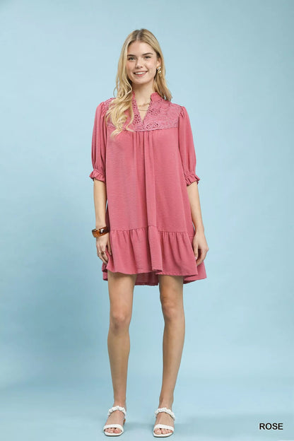 Umgee Lace Yoke Tiered Mini Dress - Bitsy Gypsy Boutique